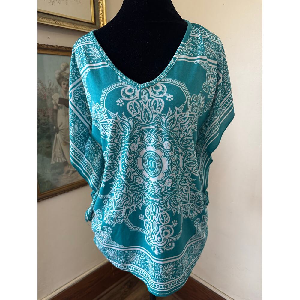 Agenda Teal Bandana Print Batwing Tunic Top Oversized Approx L-XXL Boho